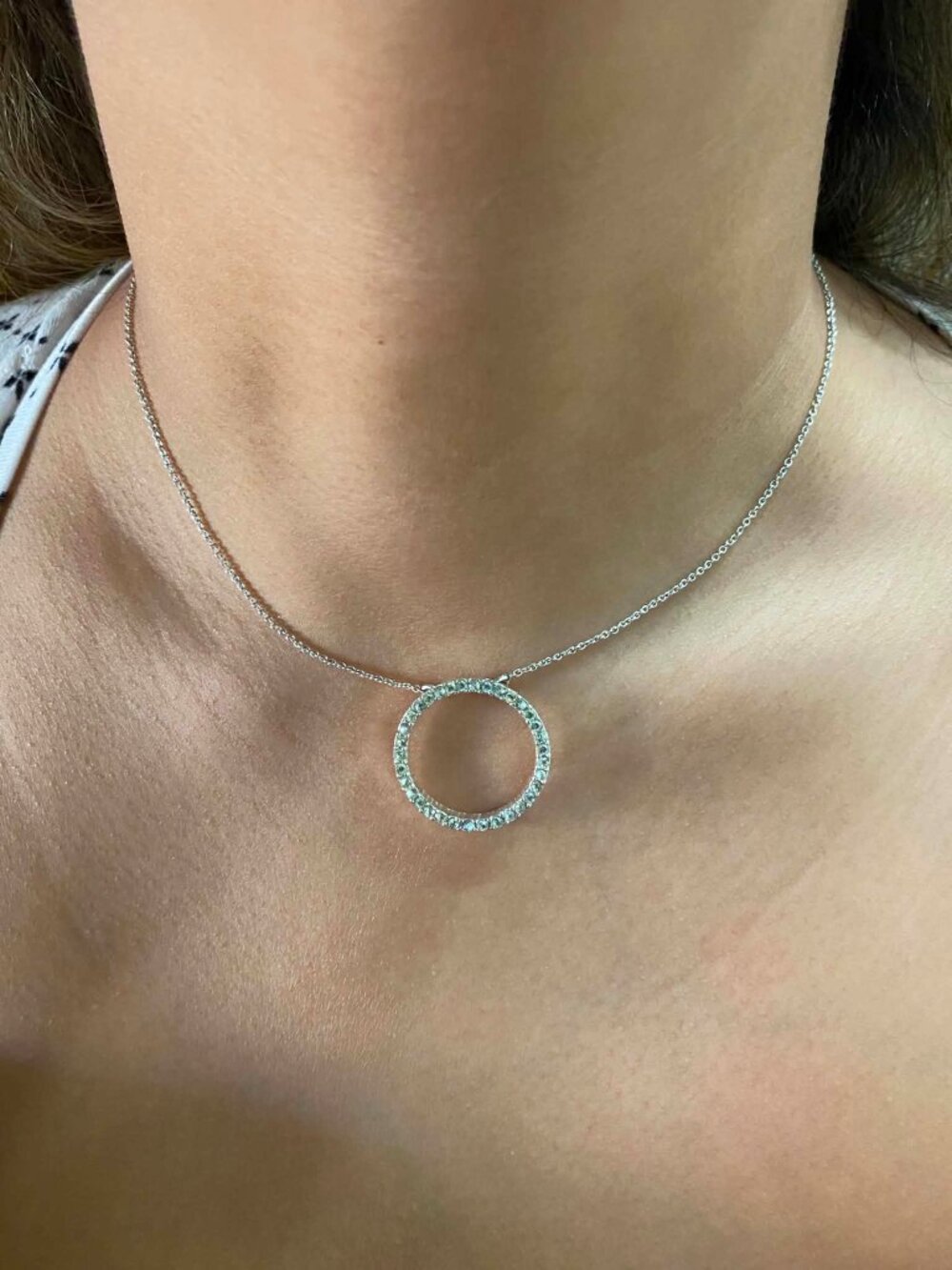 Silver Tone & Rhinestone Circle Pendant Necklace 8" w/ Silver Plated Chain / S